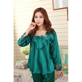 Premium Women’s 2-Piece Satin Silk Pajama Set – Elegant Emerald Nightwear with Floral Lace Embroidery – Luxurious Full-Length Sleepwear Set Previous product Next product